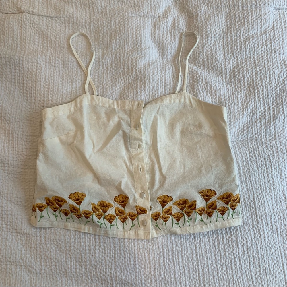 Embroidered California poppy crop top button up